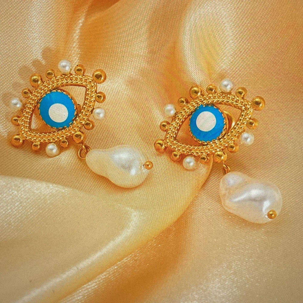 Elegant Gold and Blue Eye Earrings